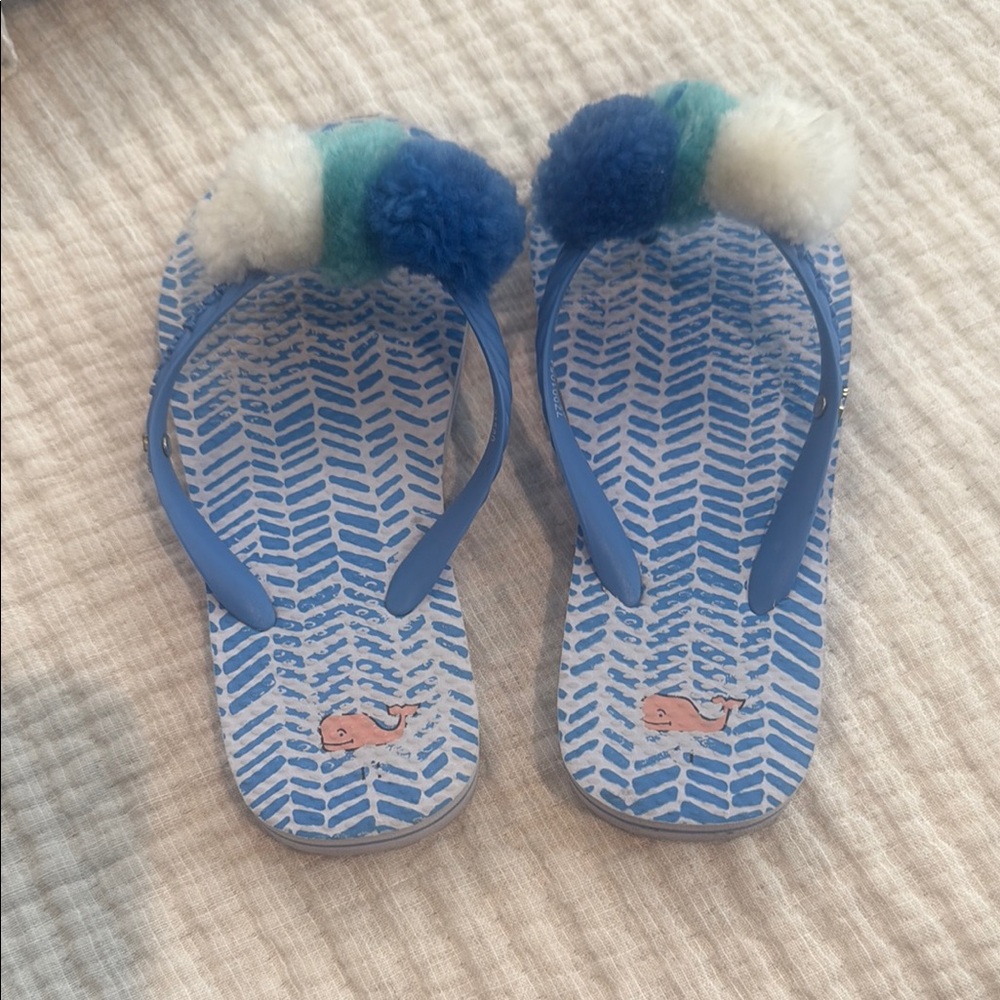 Vineyard Vines Blue and White Flip Flops with Pom Poms